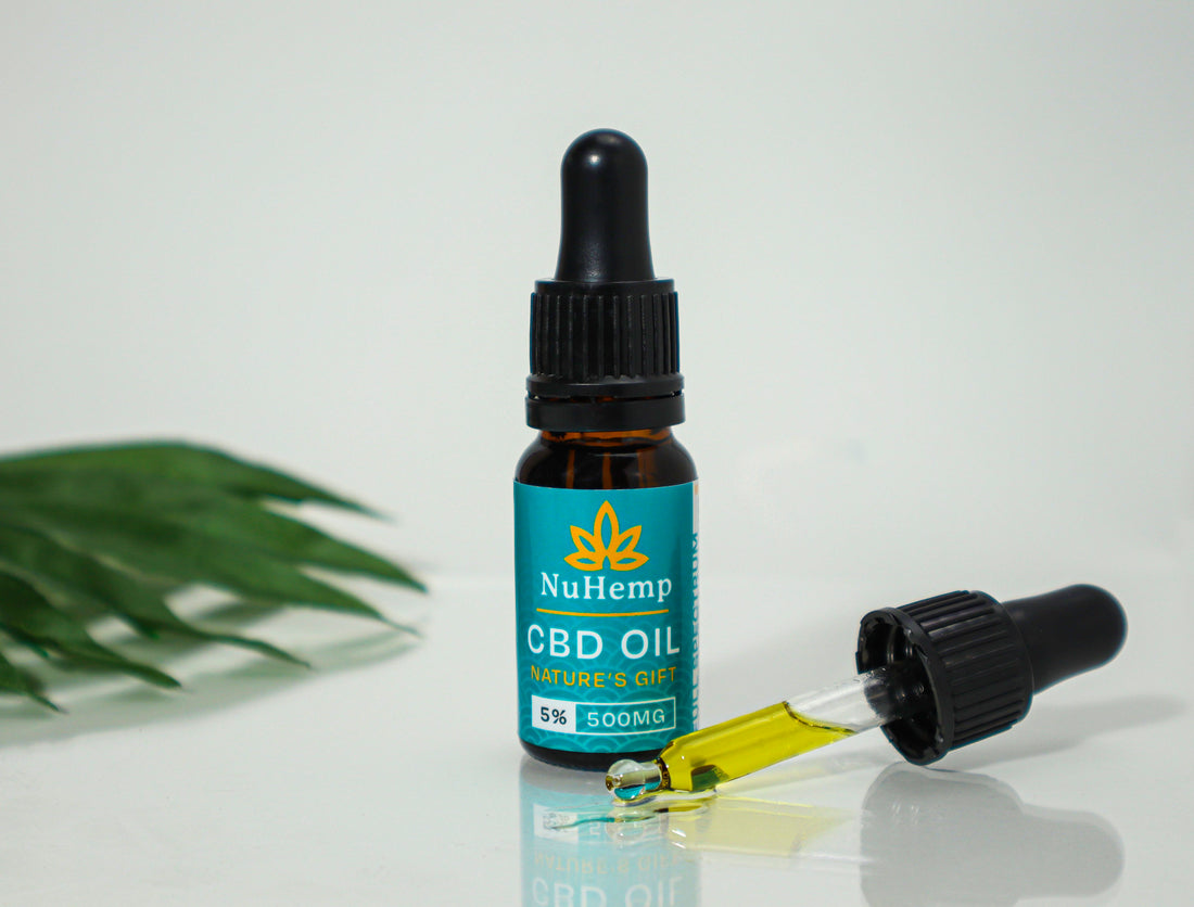 500mg cbd oil with dropper and leaf in the background