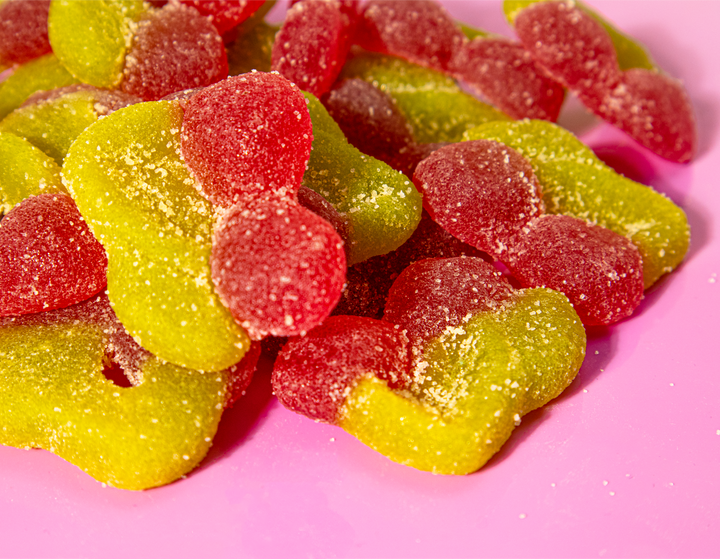 Close up of cherry CBD gummies
