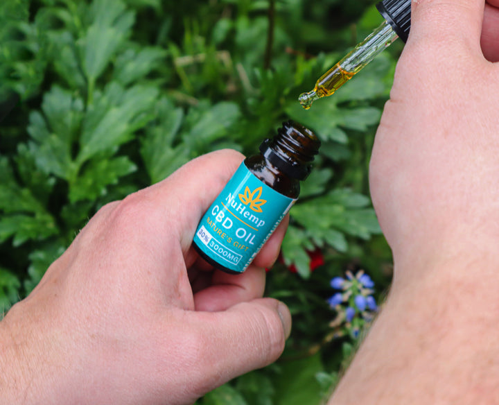 man pulling cbd oil dropper out of cbd bottle